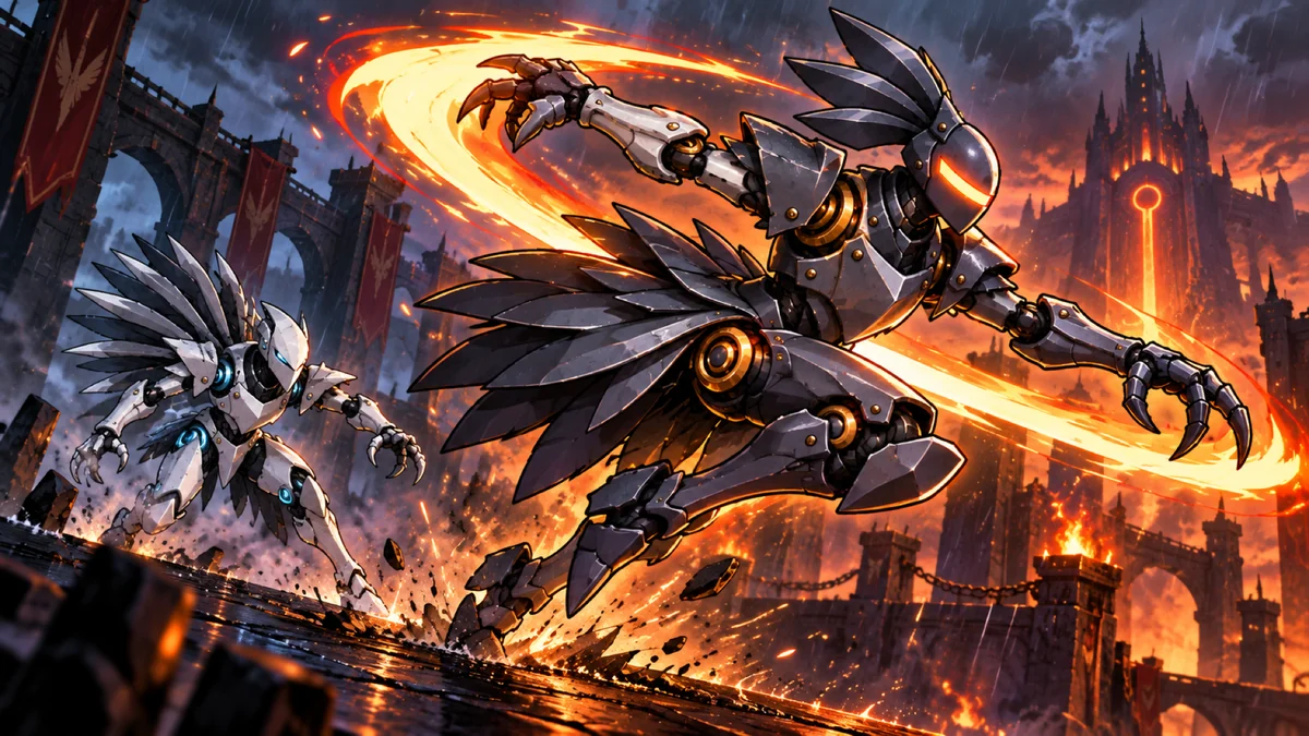 A steel raven automaton with an amber eye slit leaps through rain above the glowing ruins of a forge temple